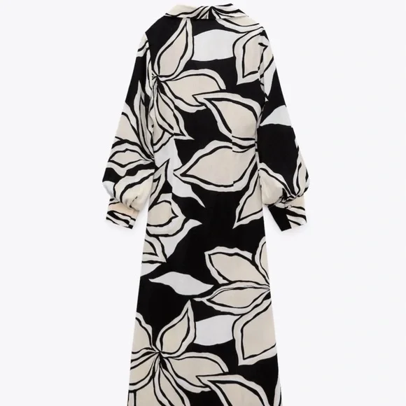 ZARA BLOGGER FAVORITE FLORAL PRINT SHIRT DRESS ECRU / BLACK 2298/085